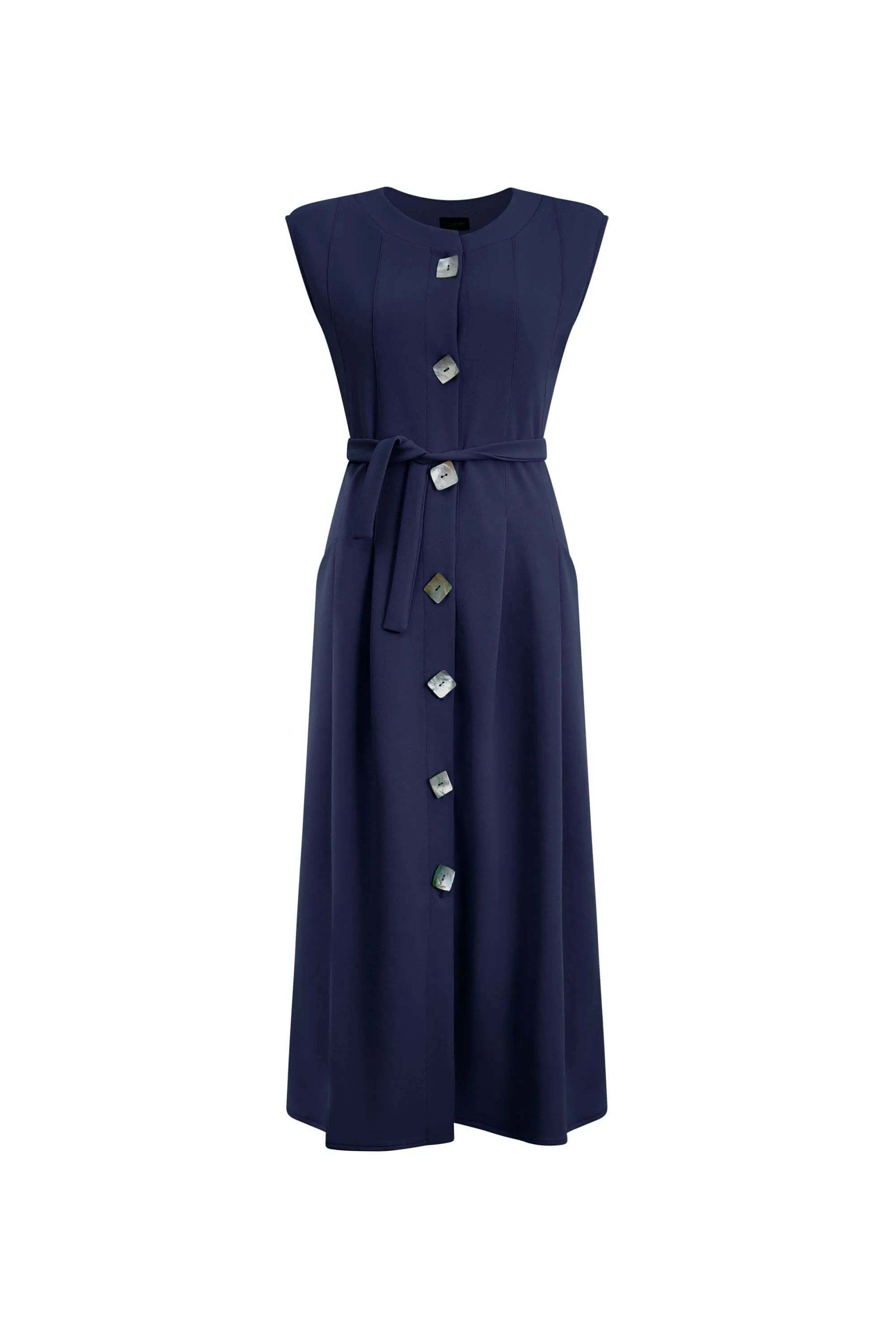 Buttoned Pocket Sleeveless Midi Dress Navy